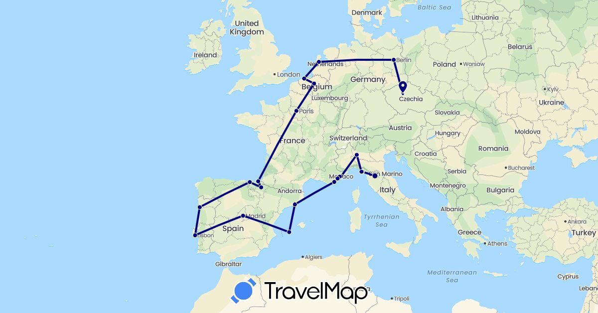 TravelMap itinerary: driving in Belgium, Czech Republic, Germany, Spain, France, Italy, Monaco, Netherlands, Portugal (Europe)
